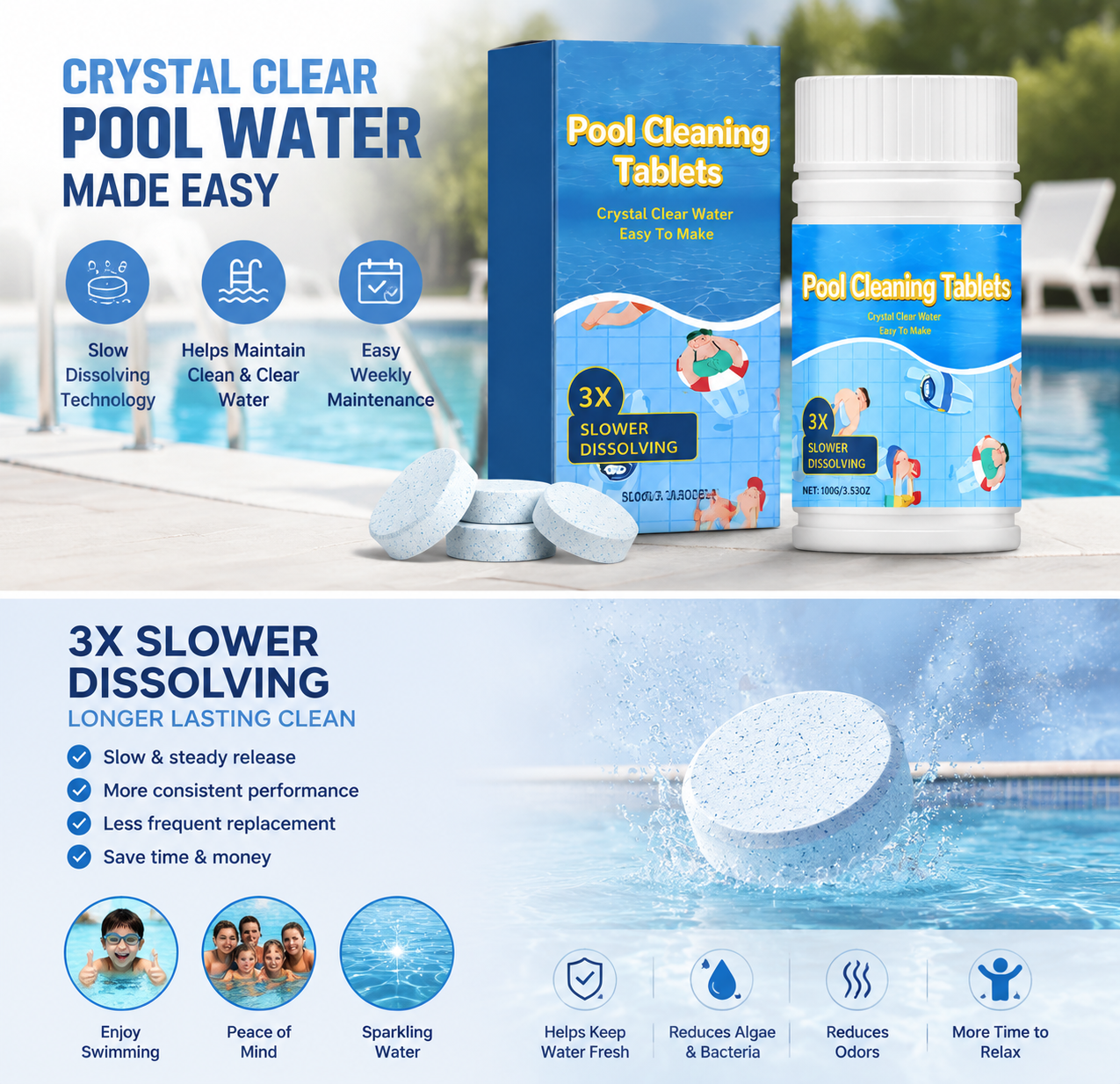🏊 Crystal Clear Pool All Season Long Pool🏊 Cleaning Tablets